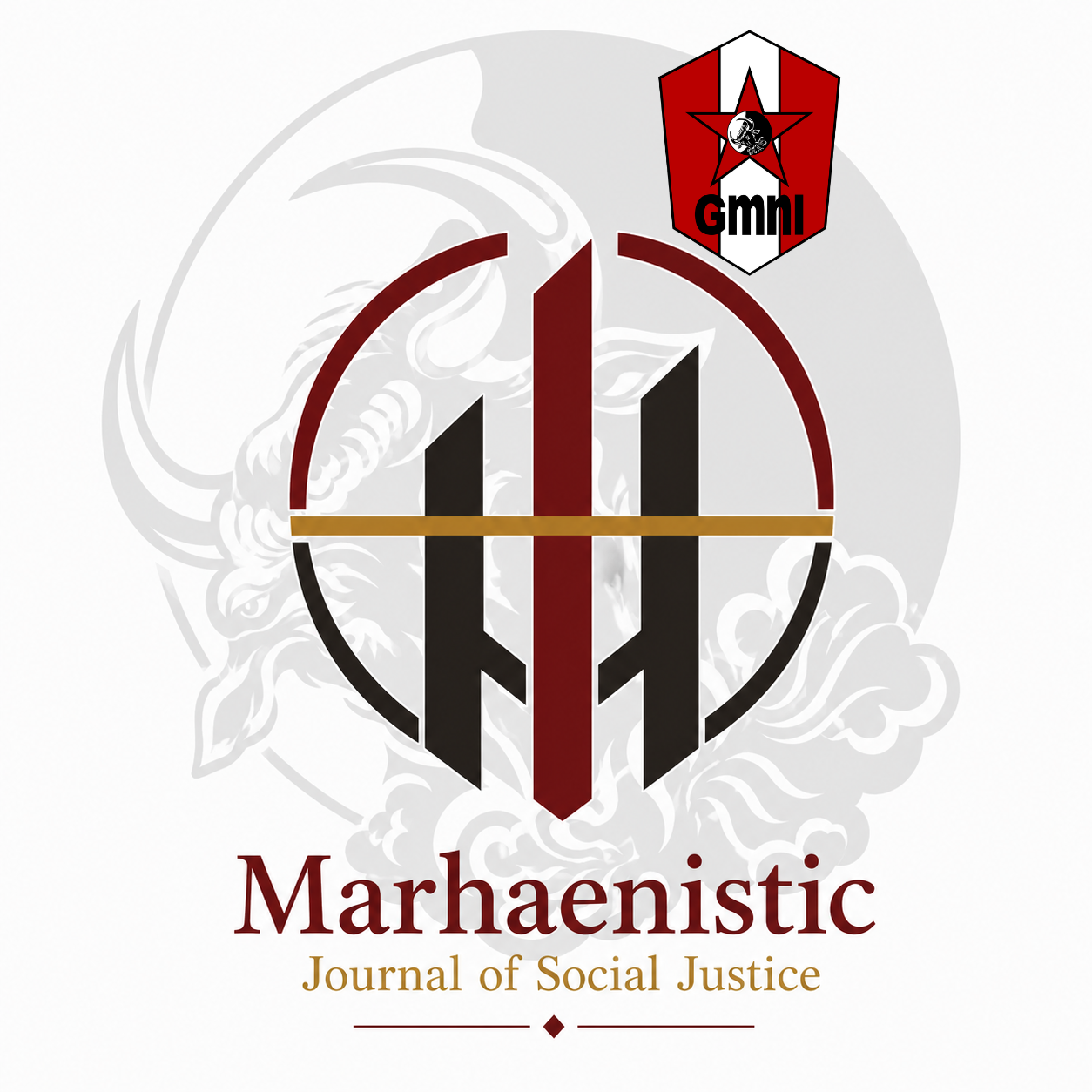 Logo Marhaenistic Journal of Social Justice (MJSJ) dengan tiga pilar, lingkaran, siluet banteng, dan lambang GmnI.